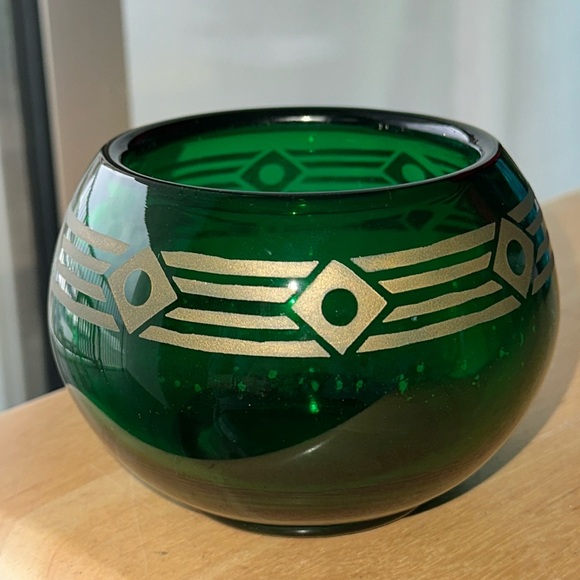 Dalzell Viking Other - Vtg Dalzell Viking Green Rose Bowl, Round Glass Vase with Geometric Gold Trim